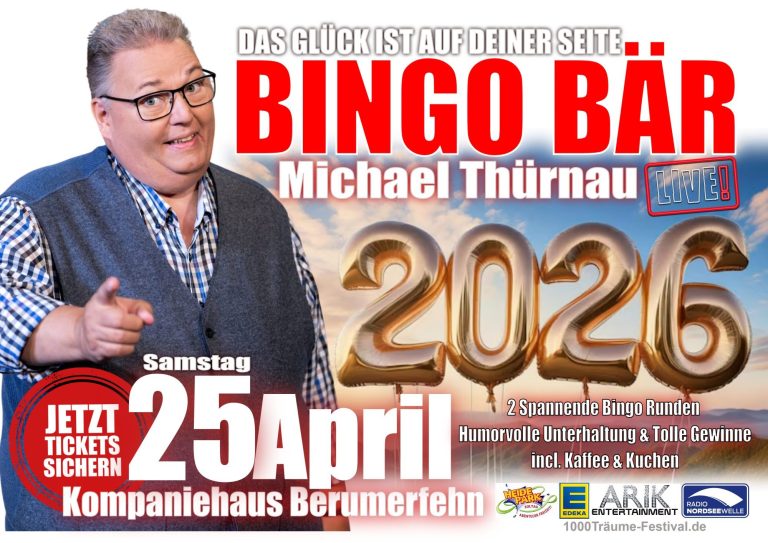 Ostfrieslands größtes BINGO LIVE OPEN AIR&nbsp;
Mit Kult-Bingo-Moderator
Michael Thürnau

Erlebt ein einmaliges Bingo-Event unter freiem Himmel